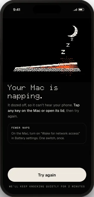 A friendly error: Your Mac is napping, with one fix and a Try again button.